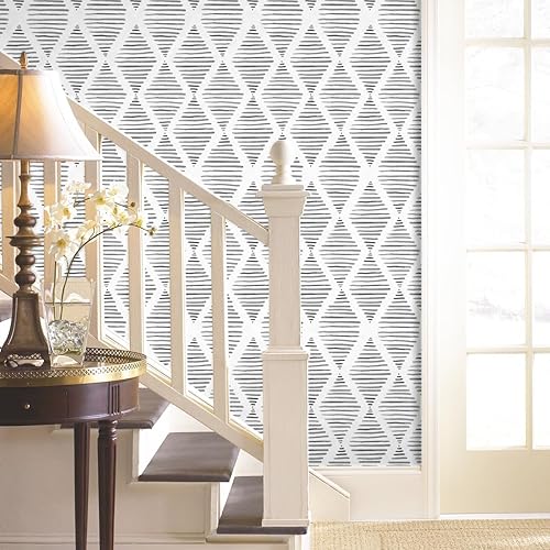Miniatura 8 de Papel tapiz geométrico para despegar y pegar en blanco y negro, papel de contacto geométrico de 17.7 x 393.7 pulgadas, papel tapiz de rayas modernas