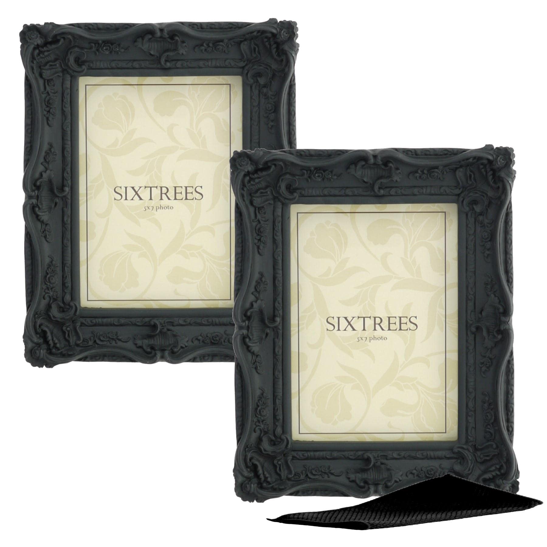 A Twinpack of Sixtrees Chelsea 5-253-57 Ornate Vintage Swept Shabby Chic Black 7x5 inch Photo frames - with Microfibre glass cleaning cloth.