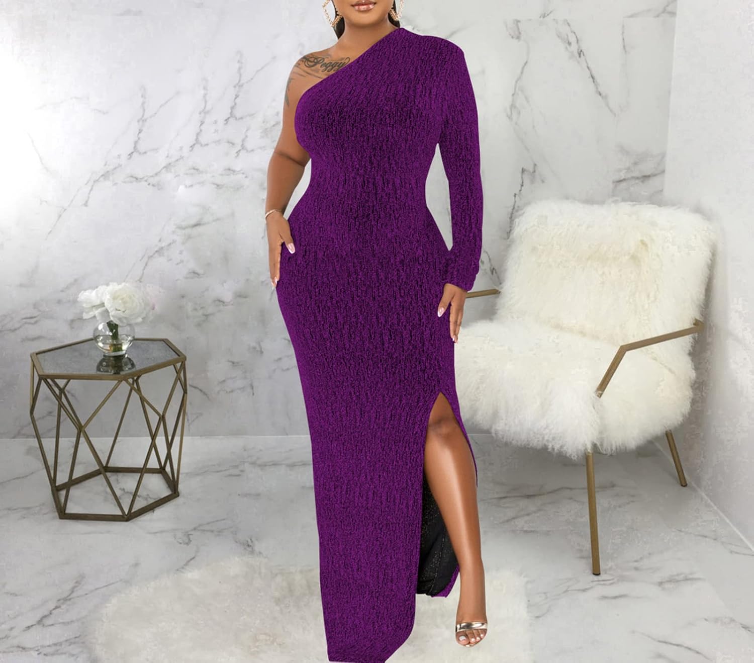 Women's Formal Evening Gowns Elegant Sparkly One Shoulder Maxi Dresses Sexy Long Sleeve High Split Party Long Dress - Image 3