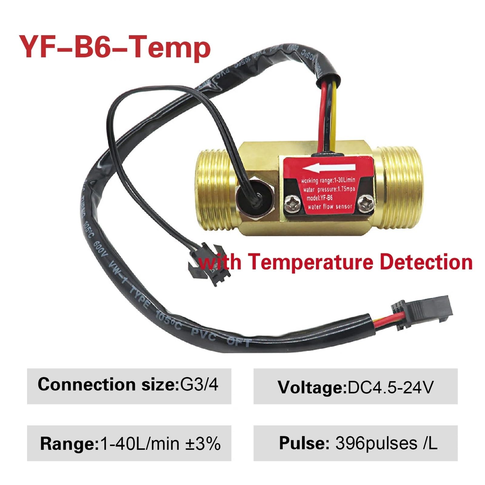 1 sensor de flujo de agua de cobre puro YF-B1 YF-B2 YF-B3 YF-B4, medidor de flujo de turbina Hall, sensor de flujo de efecto Hall, sensor de flujo de turbina de cobre.(YF-B6-Temp)
