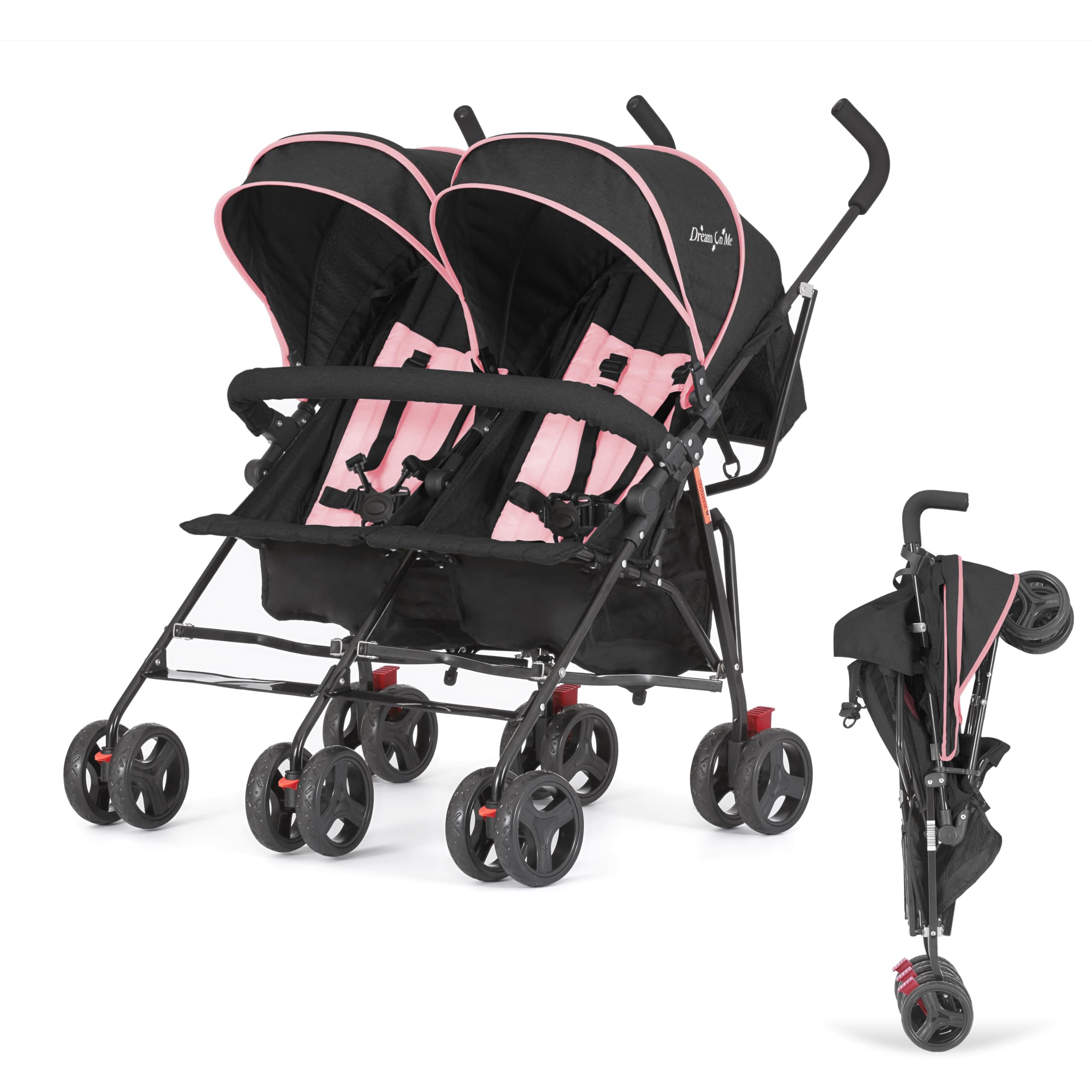 Dream On Me Volgo Twin Baby Stroller, Lightweight Side-by-Side Double Umbrella Stroller with Adjustable Canopy, 5-Point Harness, Storage Basket &