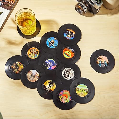 Miniatura 9 de Divertidos posavasos retro para discos de vinilo, juego de 6 posavasos creativos con soporte para tocadiscos de vinilo para amantes de la música,