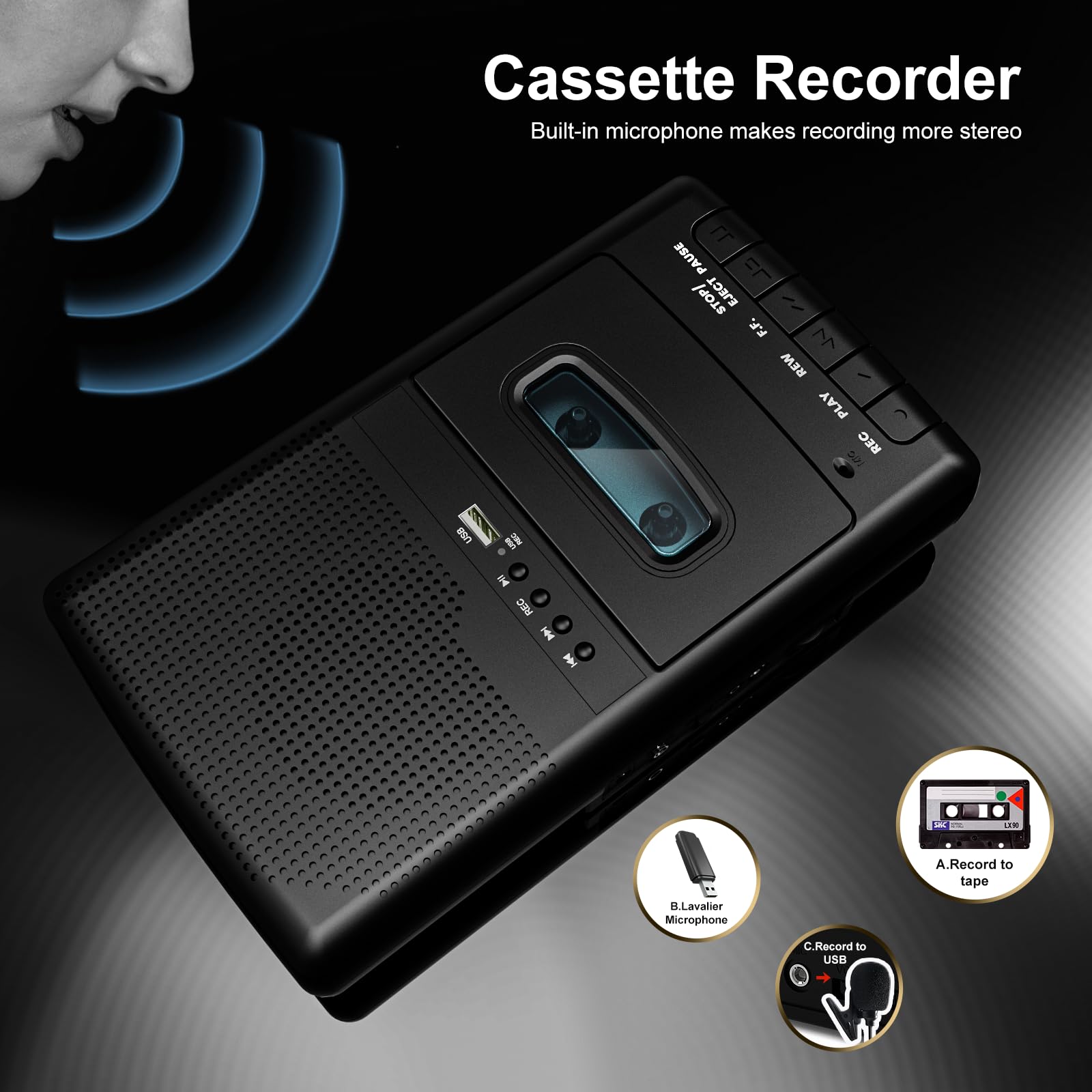 Przenośny magnetofon kasetowy z nagrywaniem One Touch, mobilny odtwarzacz kasetowy i digitizer USB, wbudowany głośnik, wysuwany uchwyt, słuchawki 3,5 mm, czarny