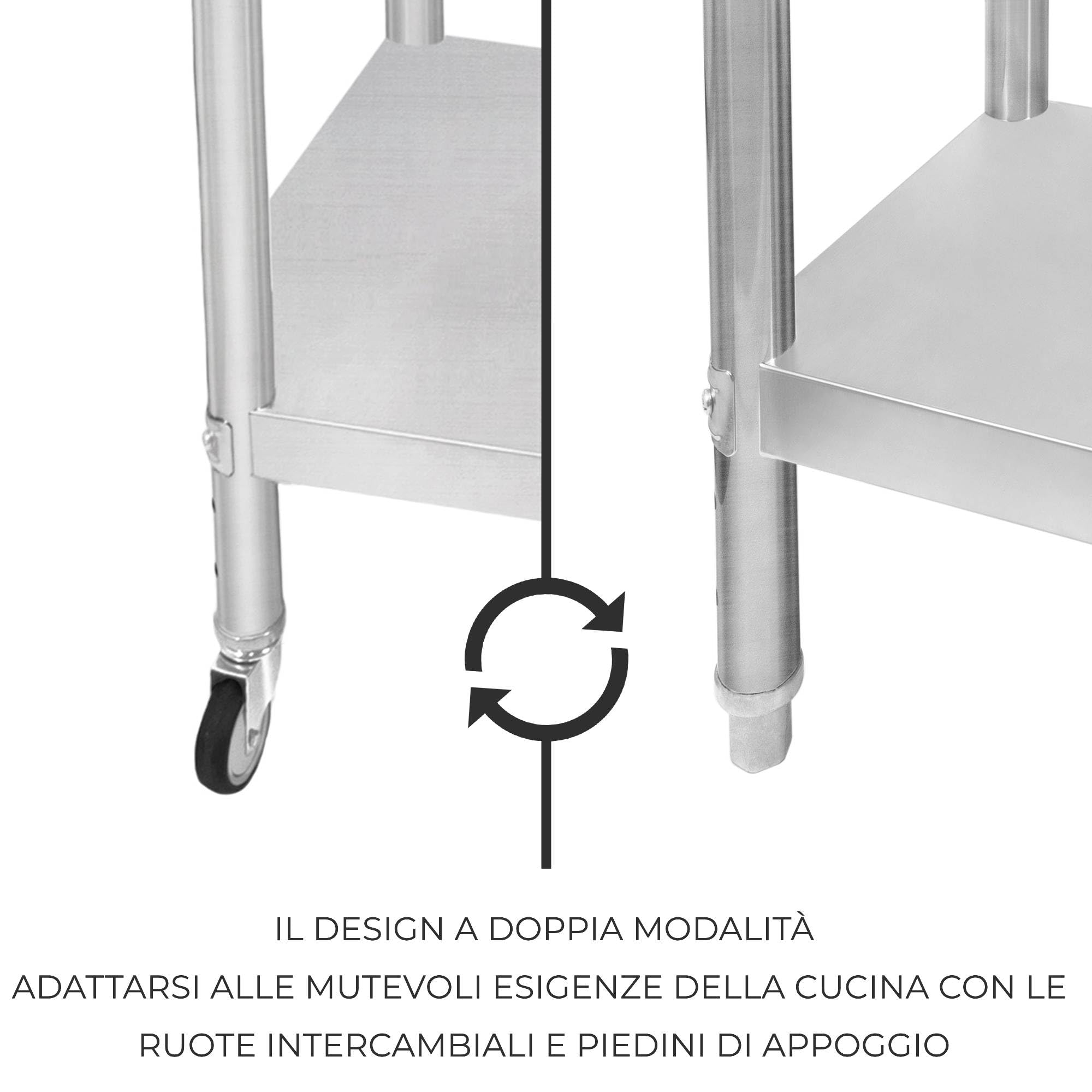 Tavolo da cucina in acciaio inox per la preparazione dei cibi con 4 ruote piroettanti con 2 freni e 4 piedini adattabili Ripiano inferiore regolabile 3 posizioni Portata 160 kg 60cm x 90cm x 86cm