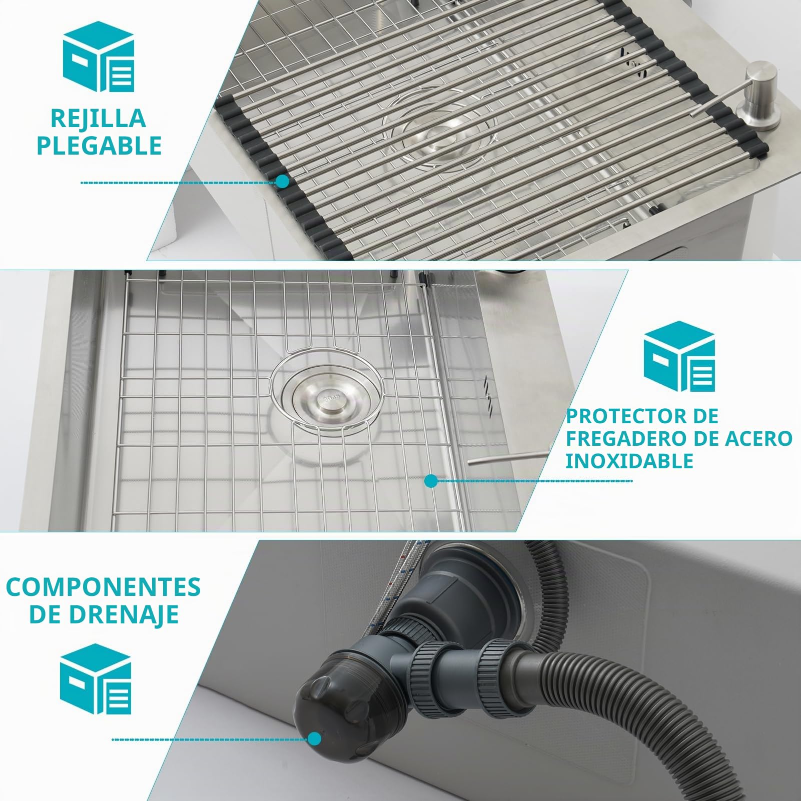 Fregadero de Cocina Profesional 80x50 de Acero Inoxidable Cepillado, Seno Único para Encimera o Empotrable, con Grifo, Escurridor, Estante, Dispensador de Jabón y Sifón - Moderno y Grande