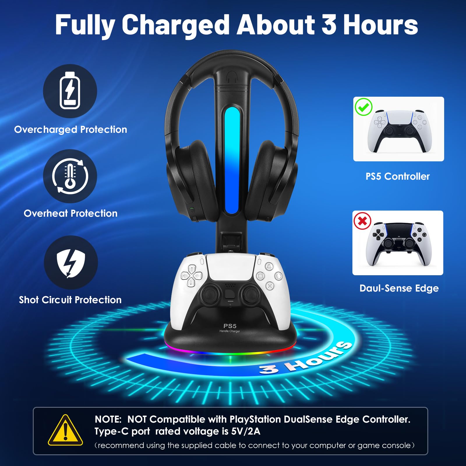 Caricabatterie per controller PS5 con supporto per cuffie RGB, stazione di ricarica per controller PS5 con 2 porte USB, supporto per cuffie e controller per PlayStation 5, regali di gioco per