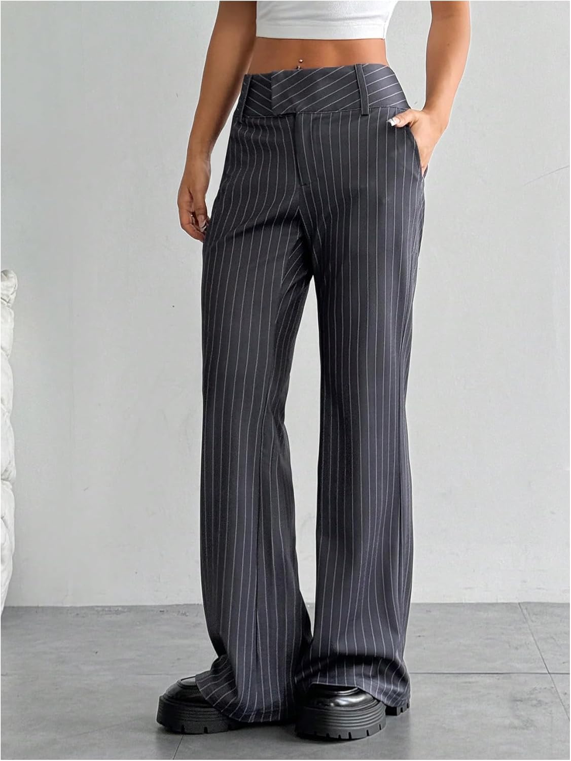 Floerns Women's Striped Print High Waisted Dress Pants Straight Leg Work Suit Pants - Image 3