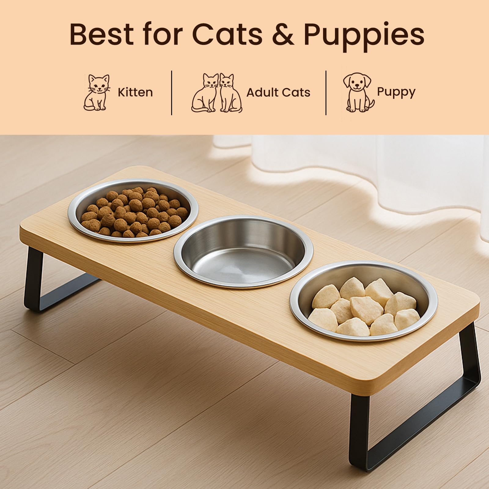 Cuencos elevados ajustables para gatos con soporte, estación de alimentación inclinada de acero inoxidable para gatos y perros pequeños, comedero elevado para mascotas con diseño antideslizante y 3
