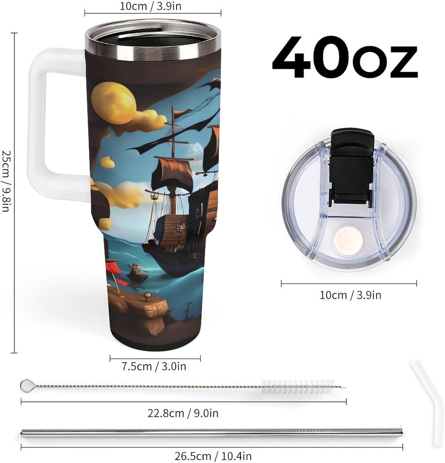 Cartoon Ship Travel Coffee Mug Reusable Durable Stainless Steel Insulated Tumbler with Handle And Straw Leak Resistant Portable Thermal Cup Gifts for Men Women 40 Oz