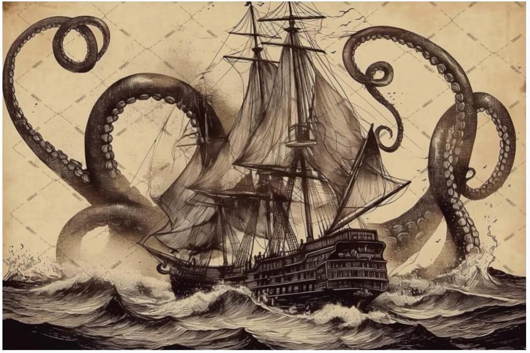 EMOHAT The Legend of The Kraken Metal Tin Sign Octopus Kraken with Sailboat on The Sea Ocean Vintage Retro Decoration Wall Art Wall Decor Poster Plaque for Home Bar Store Garage 12x8 Inches