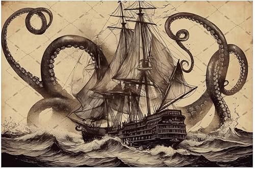 EMOHAT The Legend of The Kraken - Letrero de metal con diseño de pulpo Kraken con velero en el océano marino, decoración retro vintage, arte de