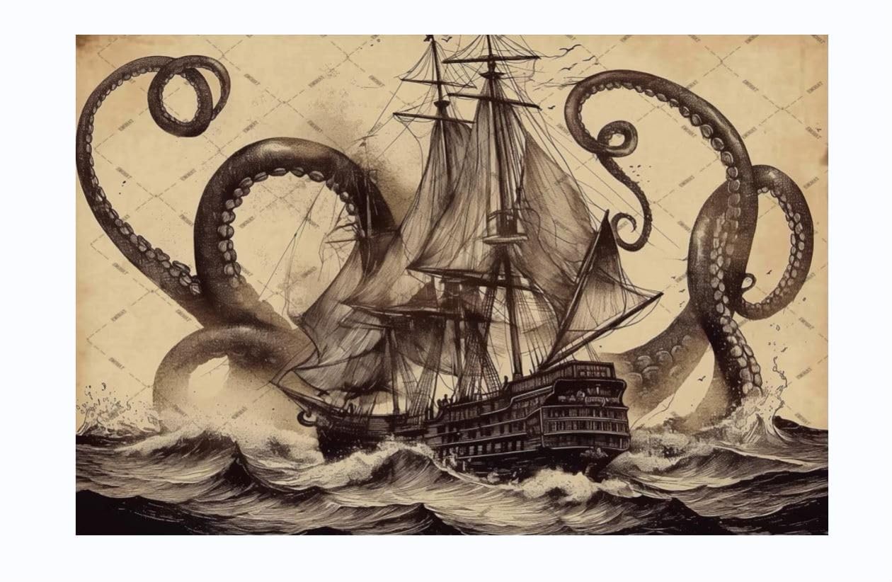 EMOHATEMOHAT The Legend of The Kraken Metal Tin Sign Octopus Kraken with Sailboat on The Sea Ocean Vintage Retro Decoration Wall Art Wall Decor Poster Plaque for Home Bar Store Garage 12x8 Inches