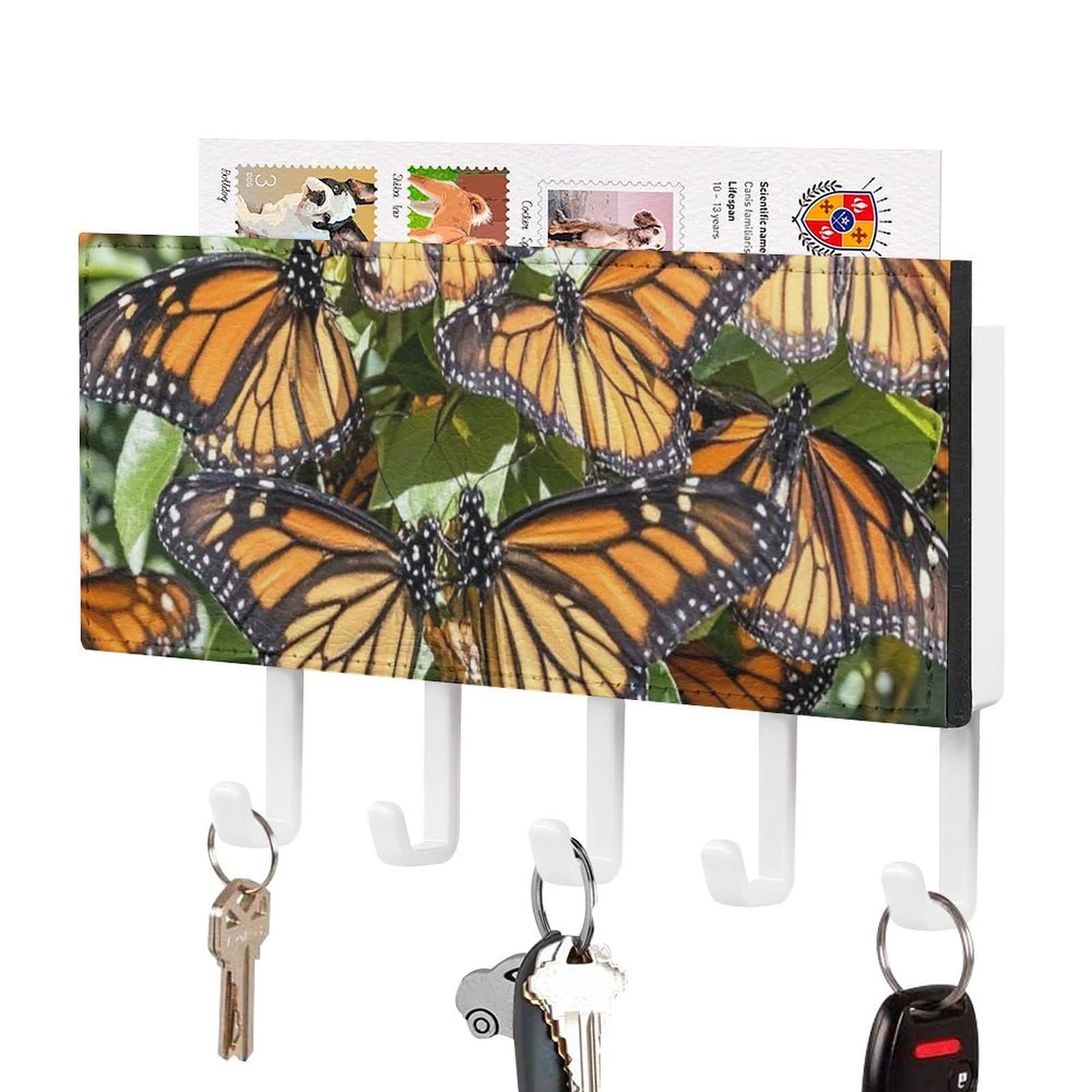 Fekiloot White-Style Heaps Of Orange Monarch Butterflies Key Holder Wall Mount Key Hanger With 5 Hooks Decorative Key Rack Hanging Key Hooks With Mail Organizer Key Holder For Wall Living Room Kitchen Bathroom Hallway Whi