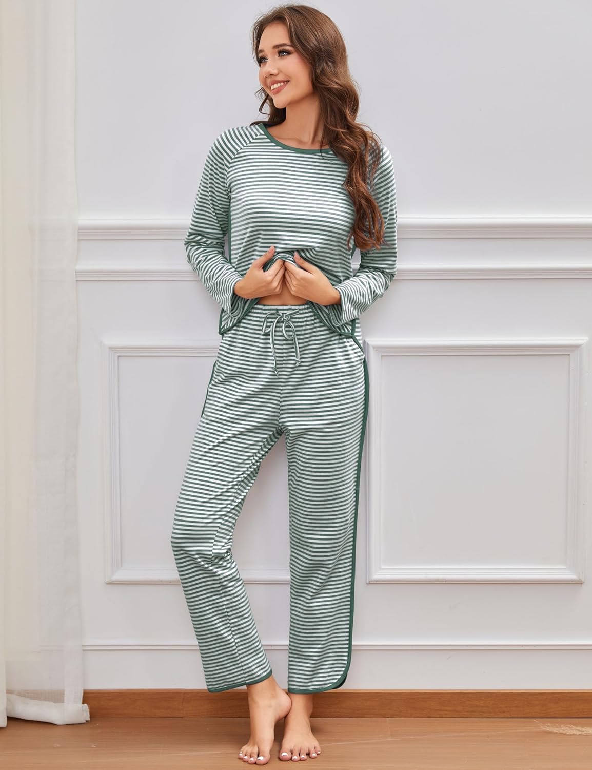 Womens Cotton Pajama Sets Stripe 2 Piece Lounge Set Long Sleeve Pj Set Comfy Loungewear Sleepwear with Pockets - Image 5