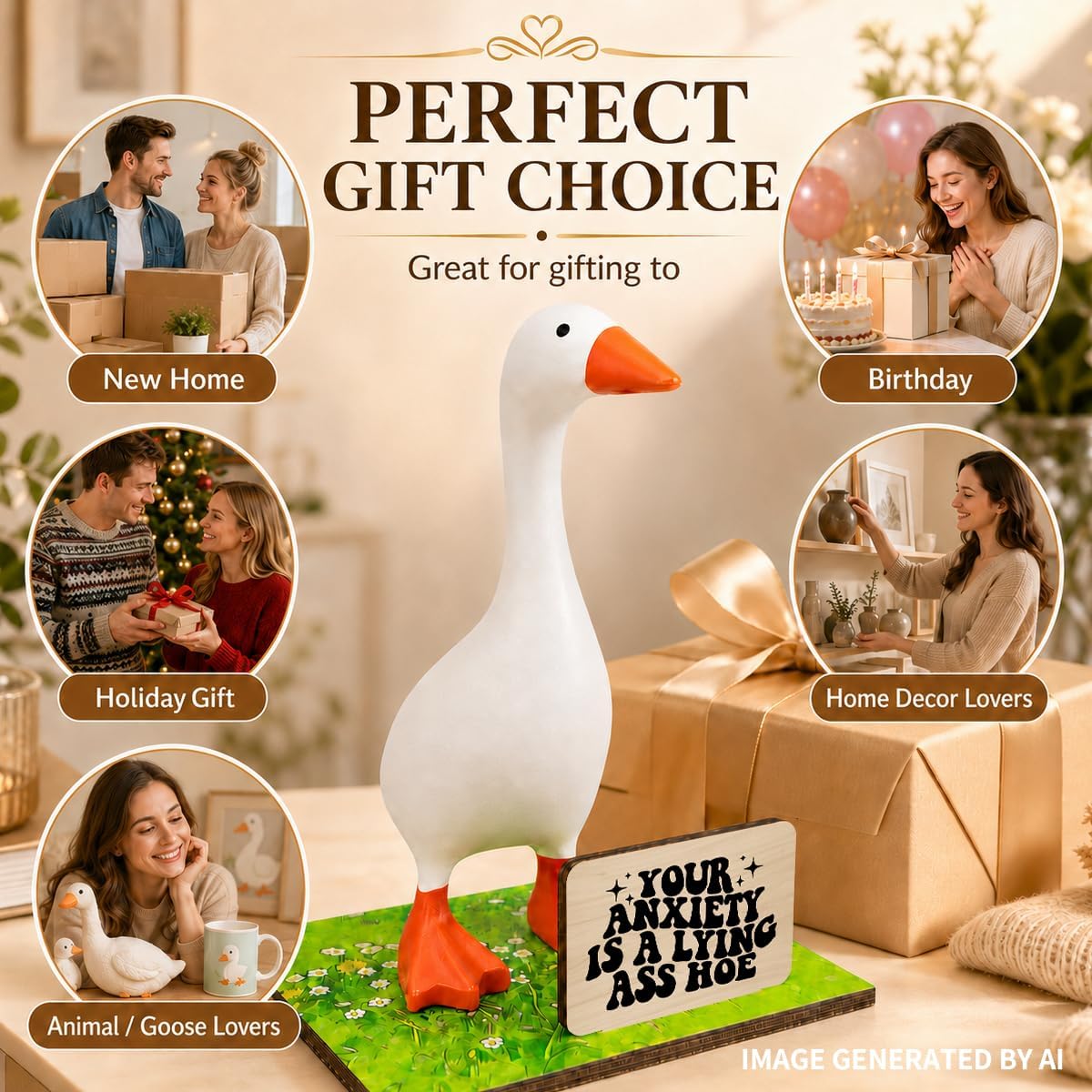 SUSZDOU Office Decor, Magnetic Key Goose Holder-Your Anxiety is A Lying Hoe Sign, Funny Gifts for Coworker, Cute Goose Decor with Wooden Base for Home, Office, Shelf, Table