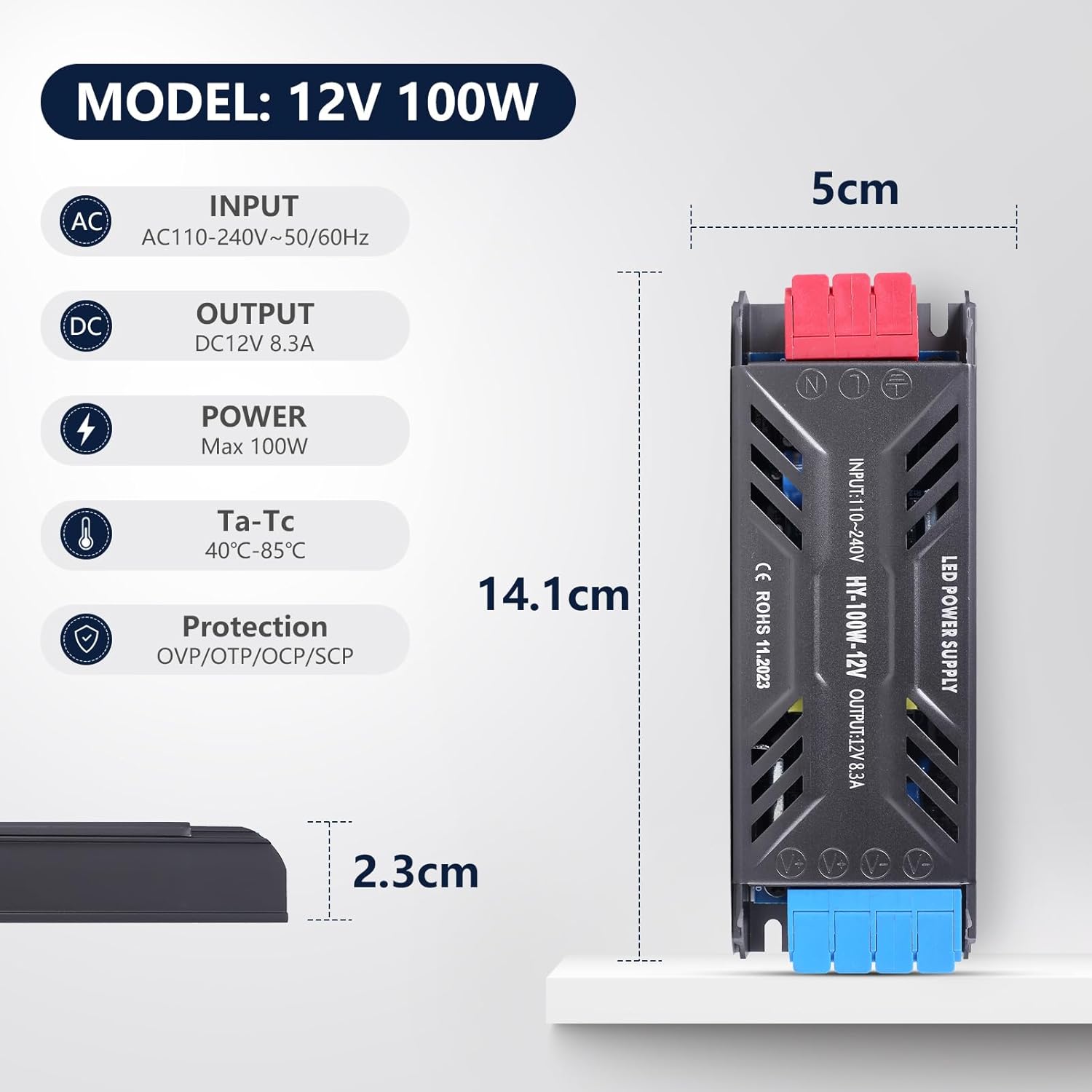 12V 100W LED Transformer with Plug Ultra Slim LED Driver 110V AC to 12V DC 8.3A 100 Watt Quiet Low Volt Converter LEDs Power Supply Constant Voltage for LEDs Strip Light, Indoor