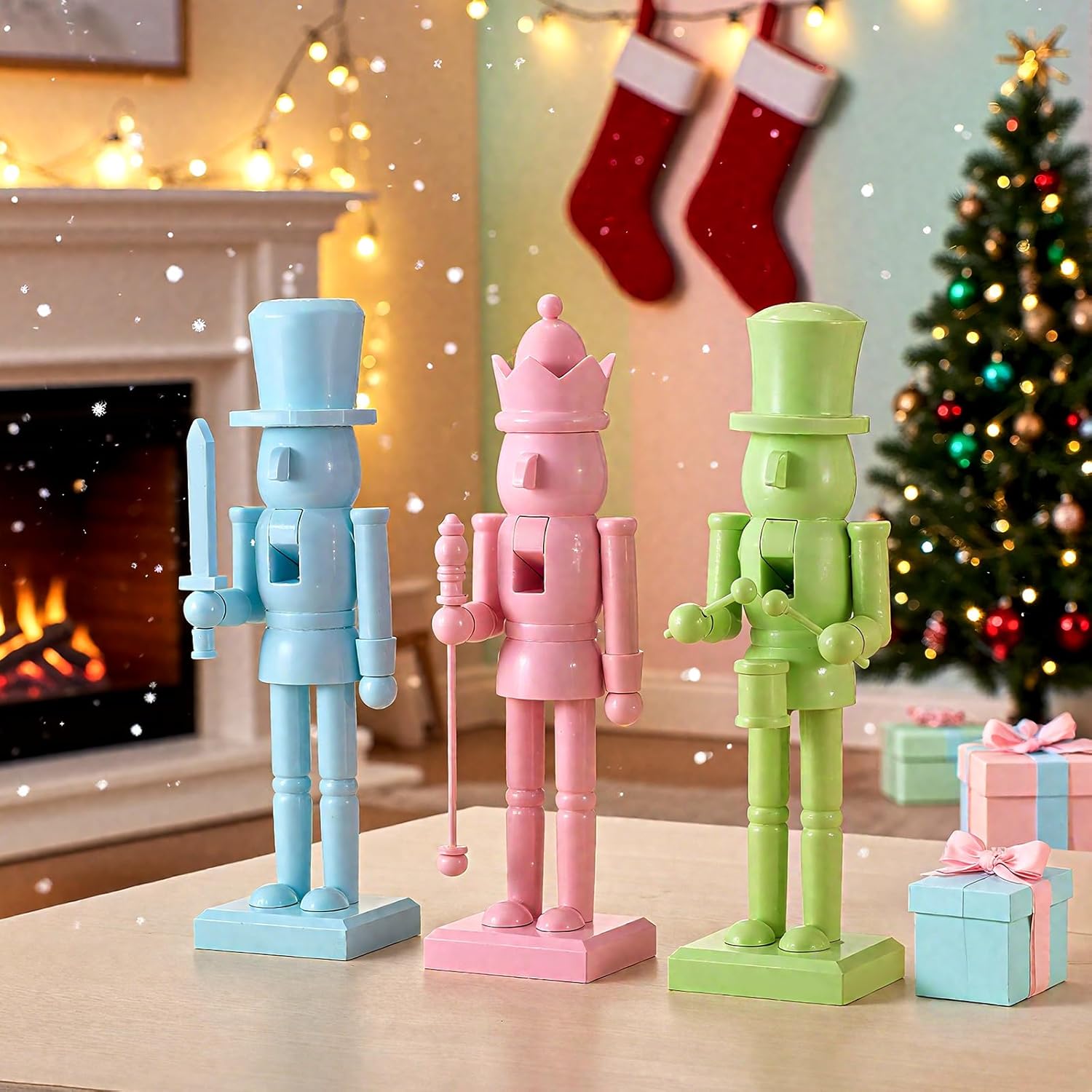 3 Pcs 10 Inch Christmas Nutcracker Figure Wood Figures Modern Soldier Nutcracker Xmas Ornament Mantle Decor Christmas Decorations for Home Table (Pastel)
