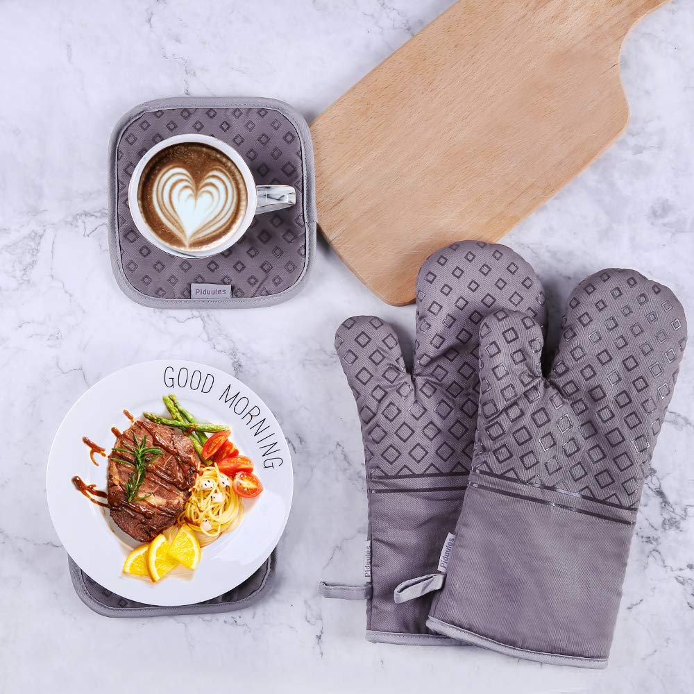 Juego de 4 guantes de horno y soportes para ollas, resistentes al calor, guantes antideslizantes para barbacoa, parrilla, hornear, cocinar, horno, microondas (gris)