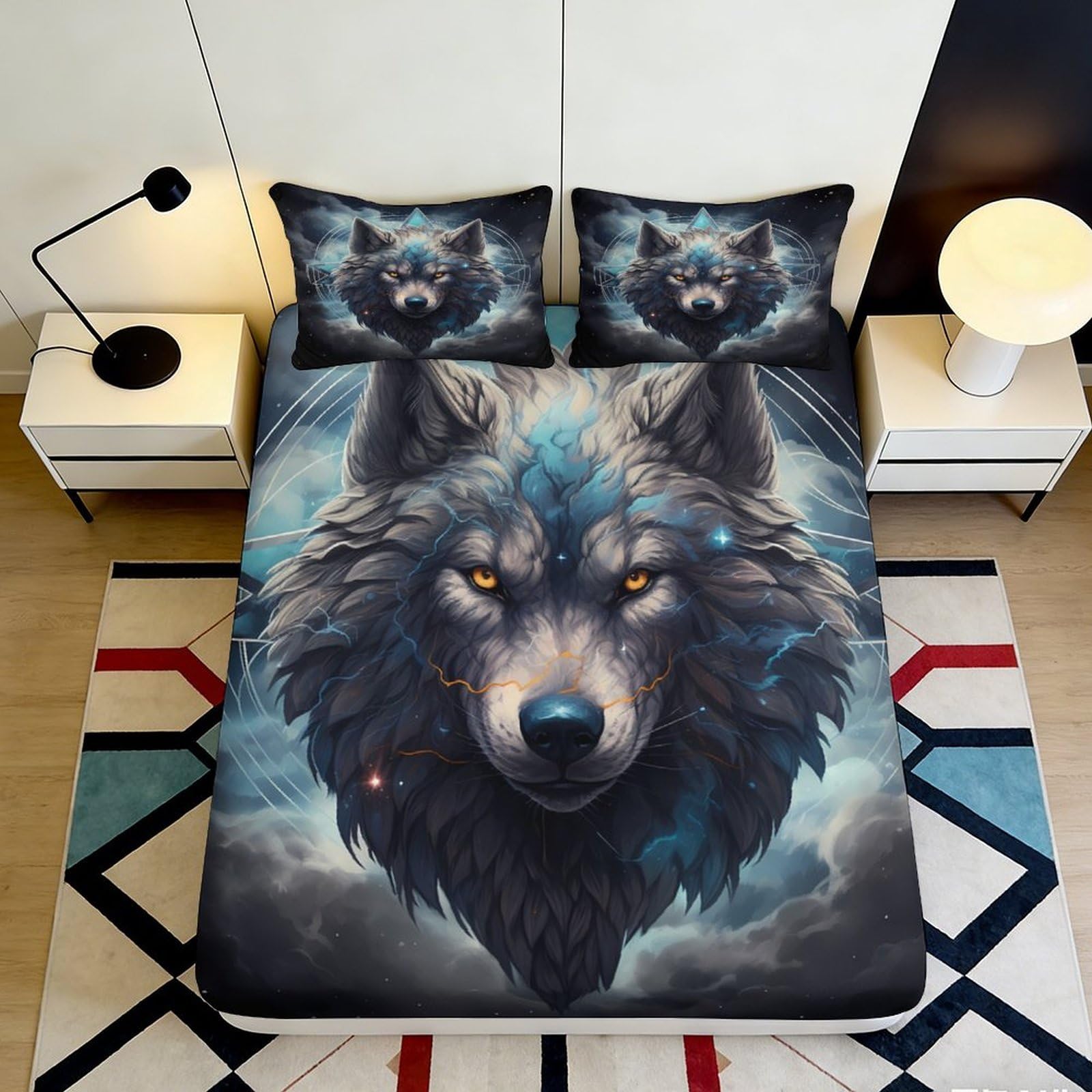 K1r3d9e5 Style-3 3D Printed Wolf Art Fitted Sheet Microfiber Soft Breathable Night Forest Mattress Cover Bedroom Decor 90X200x25cm