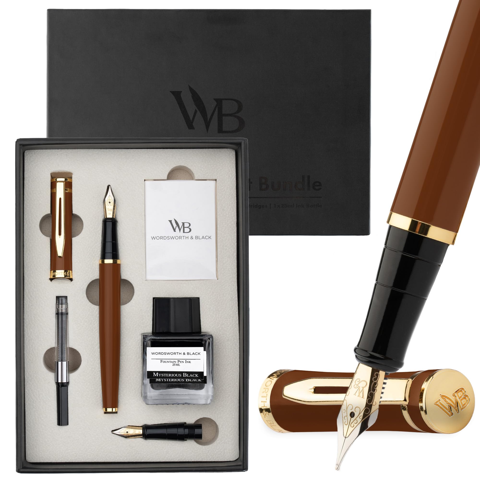 Wordsworth & Black Fountain Pen Set, 18K Gilded Medium and Extra Fine Nib, 25ML Black Bottle, 6 Ink Cartridges, Refill Converter, Smooth Writing Pens [Brown Gold], Gift Set for Men and Women