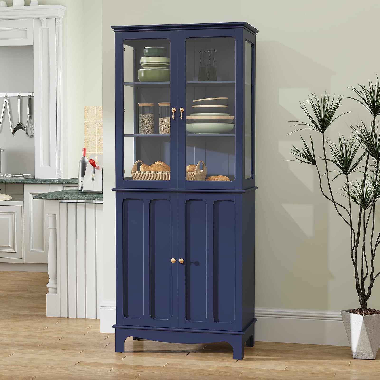 ARTPOWER 72" Freestanding Kitchen Pantry Storage Sideboard, Classical Tall Cabinet with Glass Door and Adjustable Shelves for Kitchen, Livingroom and Dining Room, Navy Blue