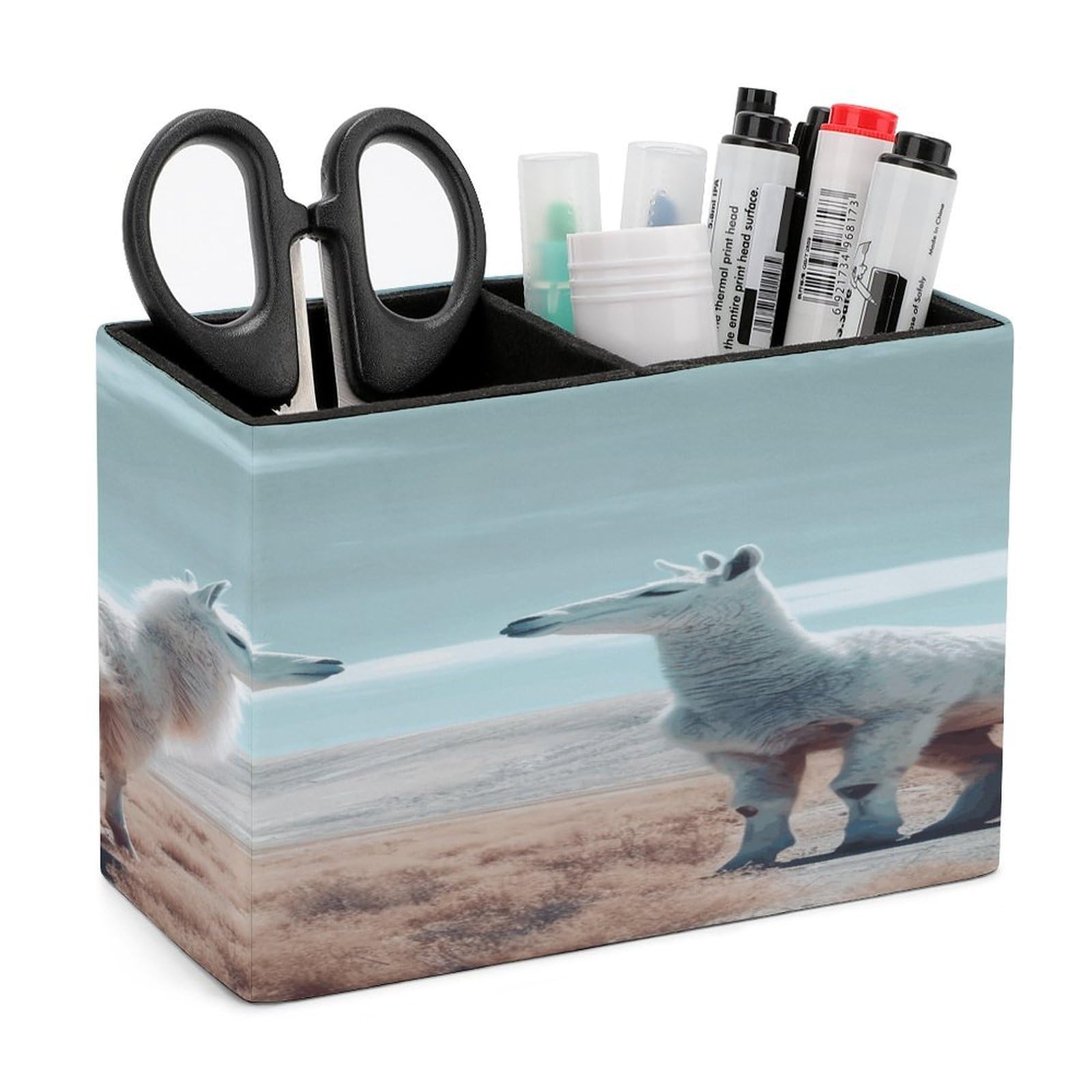 VstaDank Alpaca on The Grass Pencil Holder for Desk(Double Slots) Fashion Leather Pencil Cup Simple Rectangular Shape Pen Holder Multi-Functional Pen Cup for Home Office Supplies Storage