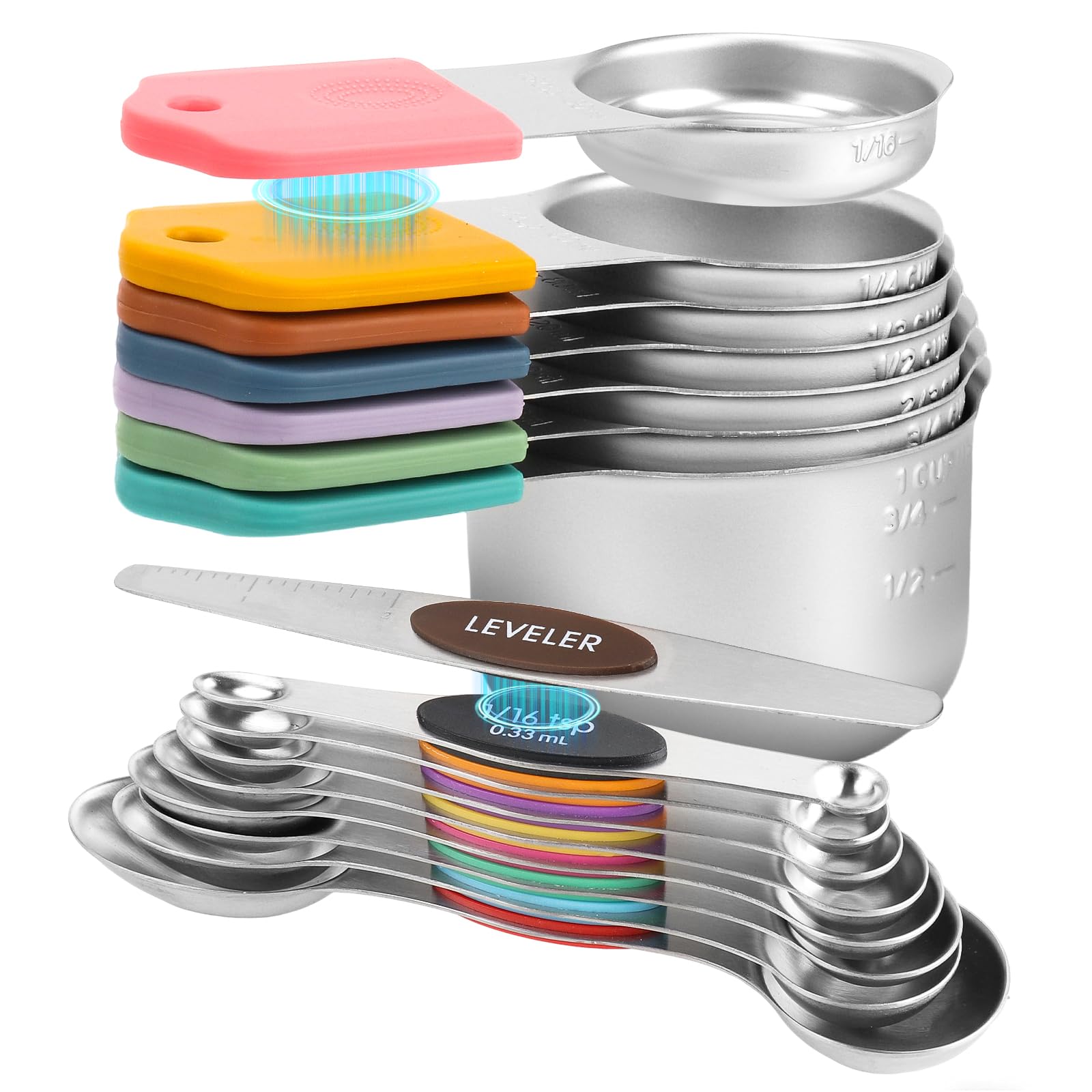 Photo 1 of 16-Piece Stainless Steel Measuring Cups and Spoons Set, Strong Magnetic Nesting Design 7 Cups 8 Spoons with Leveler, Double Measurement Markings for Dry & Liquid Ingredients, Colorful