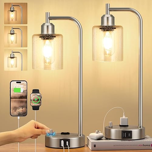 Industrial Table Lamps for Bedrooms Set of 2 - Fully Dimmable Bedside Lamps with USB A and C Ports and Outlet, Nickel Nightstand Lamps with Glass Shade for Living Room, Desk Lamps for Office Reading