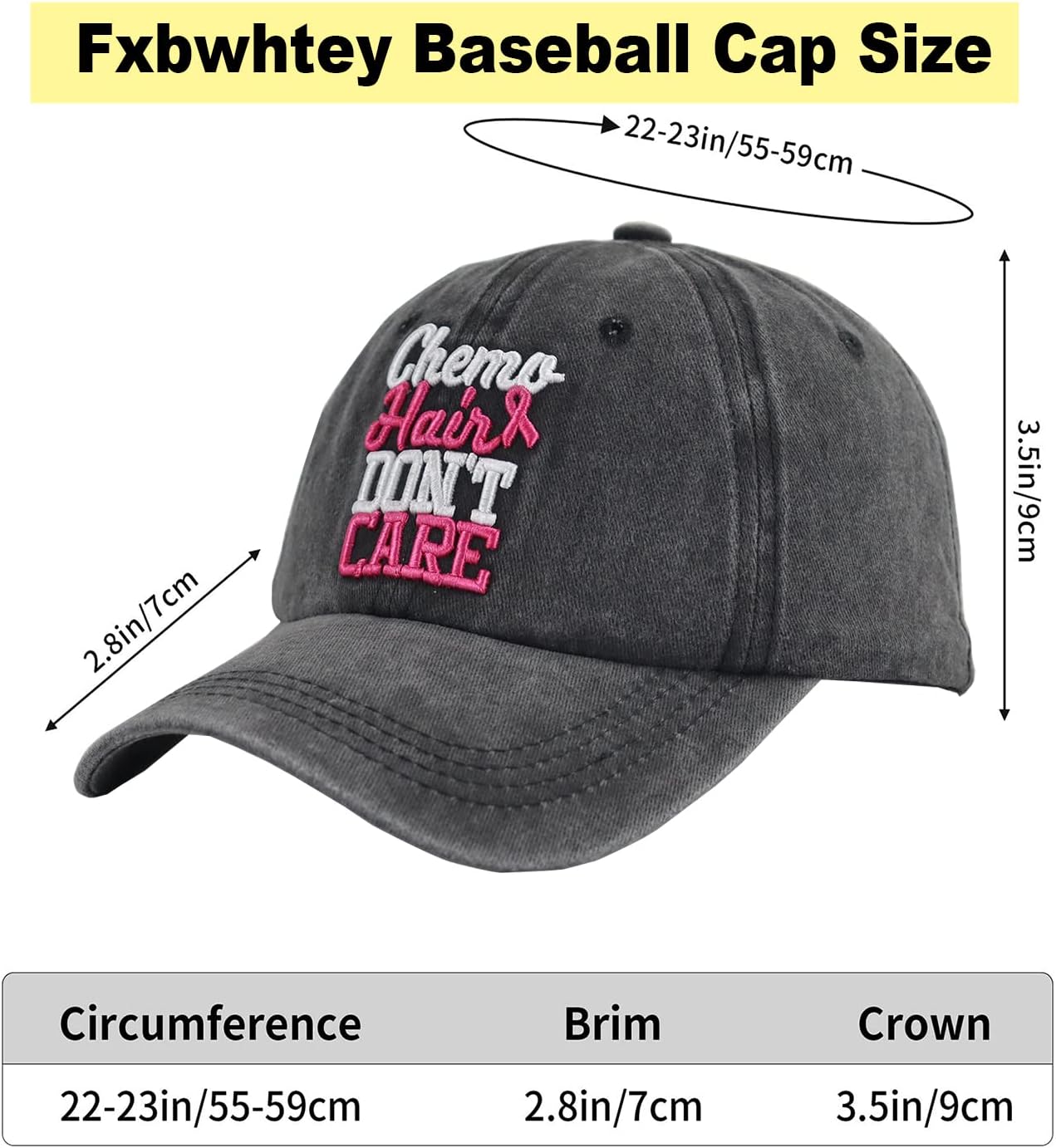 Chemo Hair Don't Care Baseball Cap for Men Women, Adjustable Washed Cotton 3D Embroidered Pink Ribbon Hat - Image 2