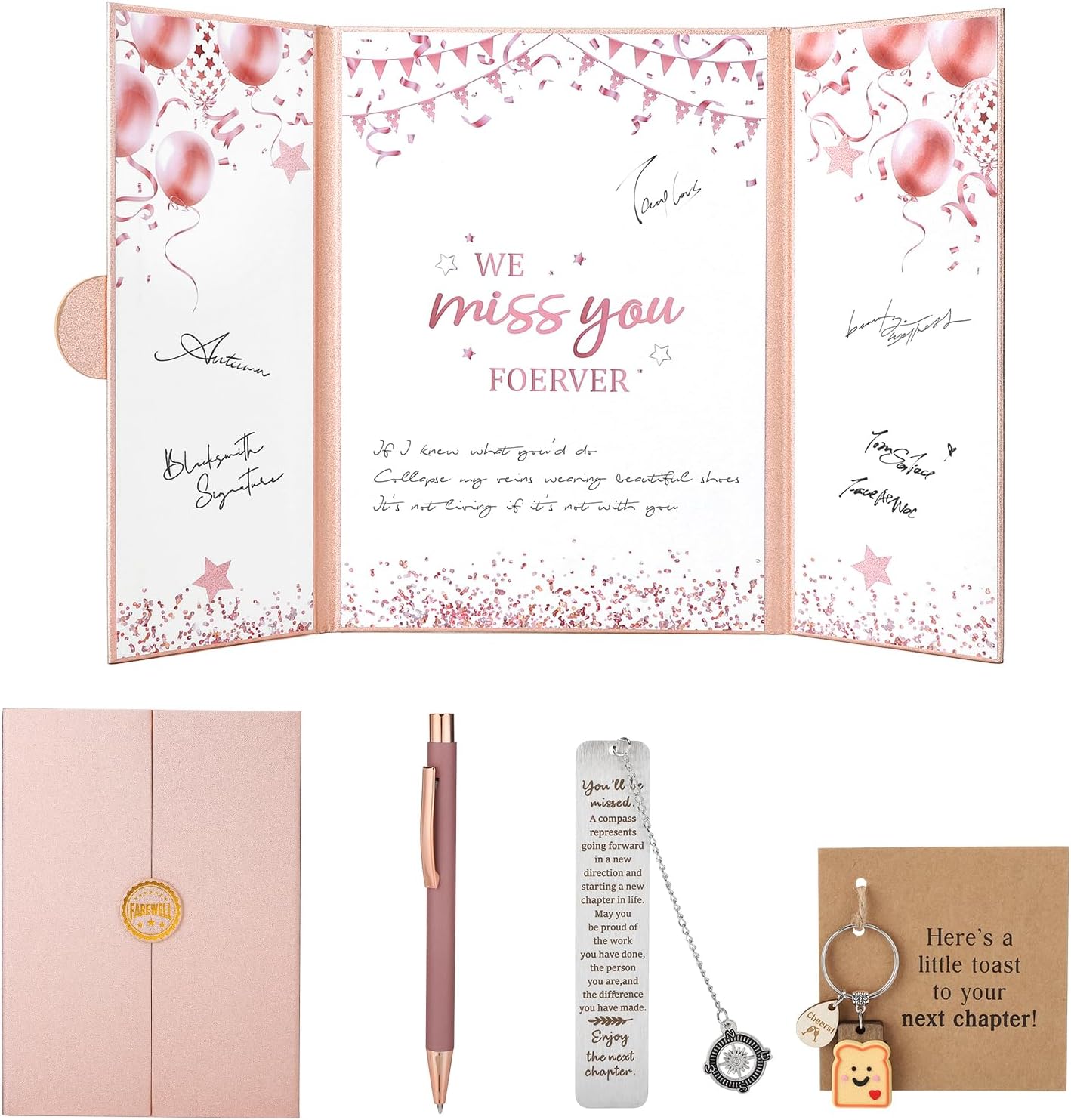 Farewell Gift Set for Coworker Going Away Rose Gold Guest Book Pen Keychain Bookmark Retirement Leaving Goodbye Present Women Men Office Colleague