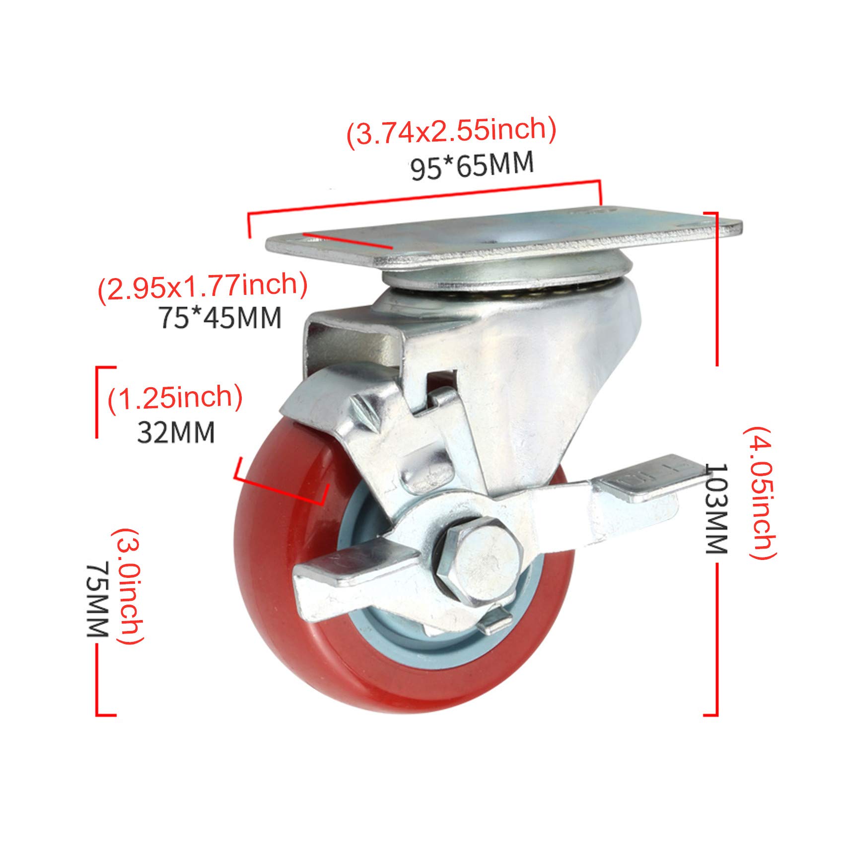 Ruote rosse in poliuretano da 75 mm, girevoli a 360°, con freni, viti incluse, perfette per carrelli e mobili, funzionamento silenzioso