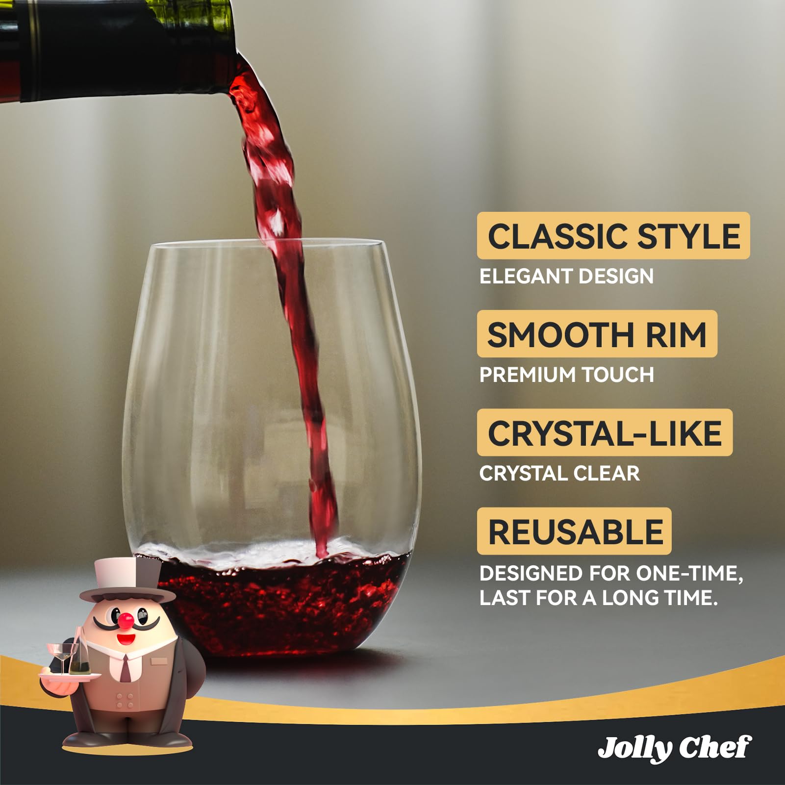 JOLLY CHEF Paquete de 24 copas de vino de plástico de 16 onzas, sin tallo, vasos de vino desechables | Calidad premium, reciclable, irrompible, ideal para bodas, cumpleaños, fiestas, Navidad