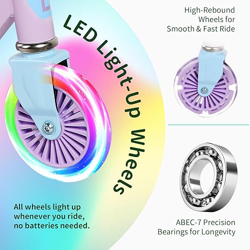 Miniatura 9 de BELEEV V2 Scooters para niños con ruedas iluminadas, vástago y cubierta, scooter plegable de 2 ruedas para niñas y niños, 3 alturas ajustables,