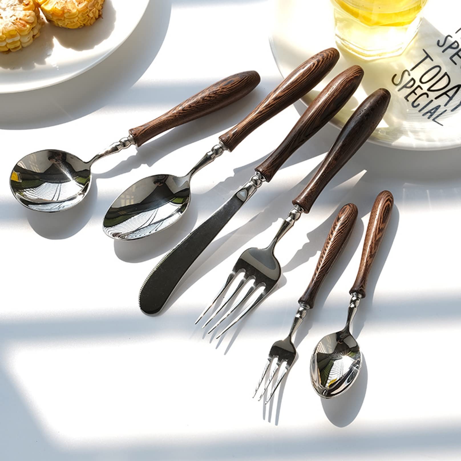 6-teiliges Besteckset aus Edelstahl mit Holzgriff, luxuriöses Besteckset mit Holzgriff, einschließlich Gabeln, Löffeln, Messern (Color : Wenge, Size : 6pcs)