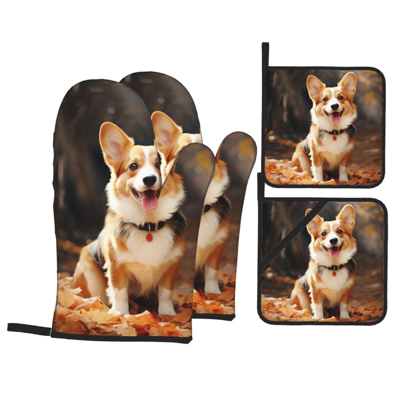 4 Piece Oven Mitts and Pot Holders Set Heat Resistant Oven Gloves and Potholders BBQ Gloves Hot Pads Corgi Dog Cooking Gloves for Kitchen Baking Grilling