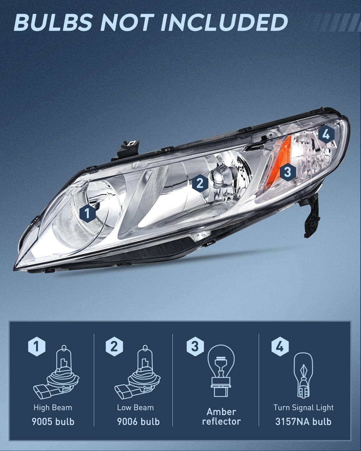 Nilight Headlight Assembly Compatible with 2006 2007 2008 2009 2010 2011 Honda Civic 4 Door Headlamps Replacement Chrome Housing Amber Reflector Clear Lens Driver and Passenger Side