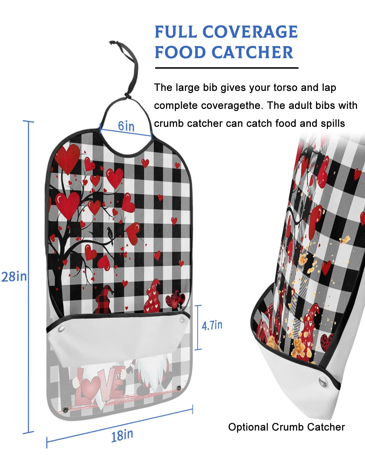 LEOKOTI Valentines Adult Bibs for Eating, Waterproof Bibs with Food Catcher & Adjustable Snap Closure, Black White Plaid Love Heart Tree Washable Clothing Protectors Adult Bibs for Elderly Women/Men