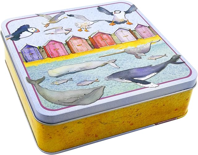 Emma Ball SEALIFE / BEACH HUTS Square Lidded Tin - For Biscuits, Cookies, Lunch, Sandwiches, Bits n Bobs - Multicolour - 17.5 cm