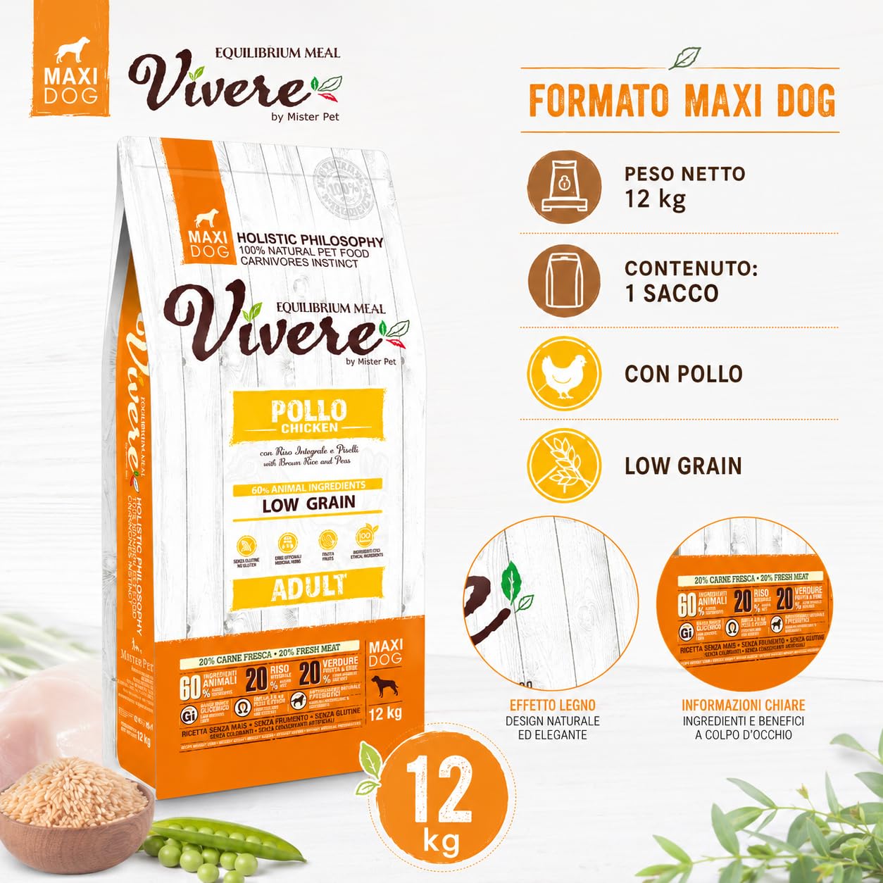 Vivere Adult Maxi Crocchette Cane Adulto con Pollo, Mangime Secco Low Grain Gluten Free per Cani Taglia Grande, Alimento Completo con Omega 3, Prebiotici, Frutta ed Erbe, 12 kg