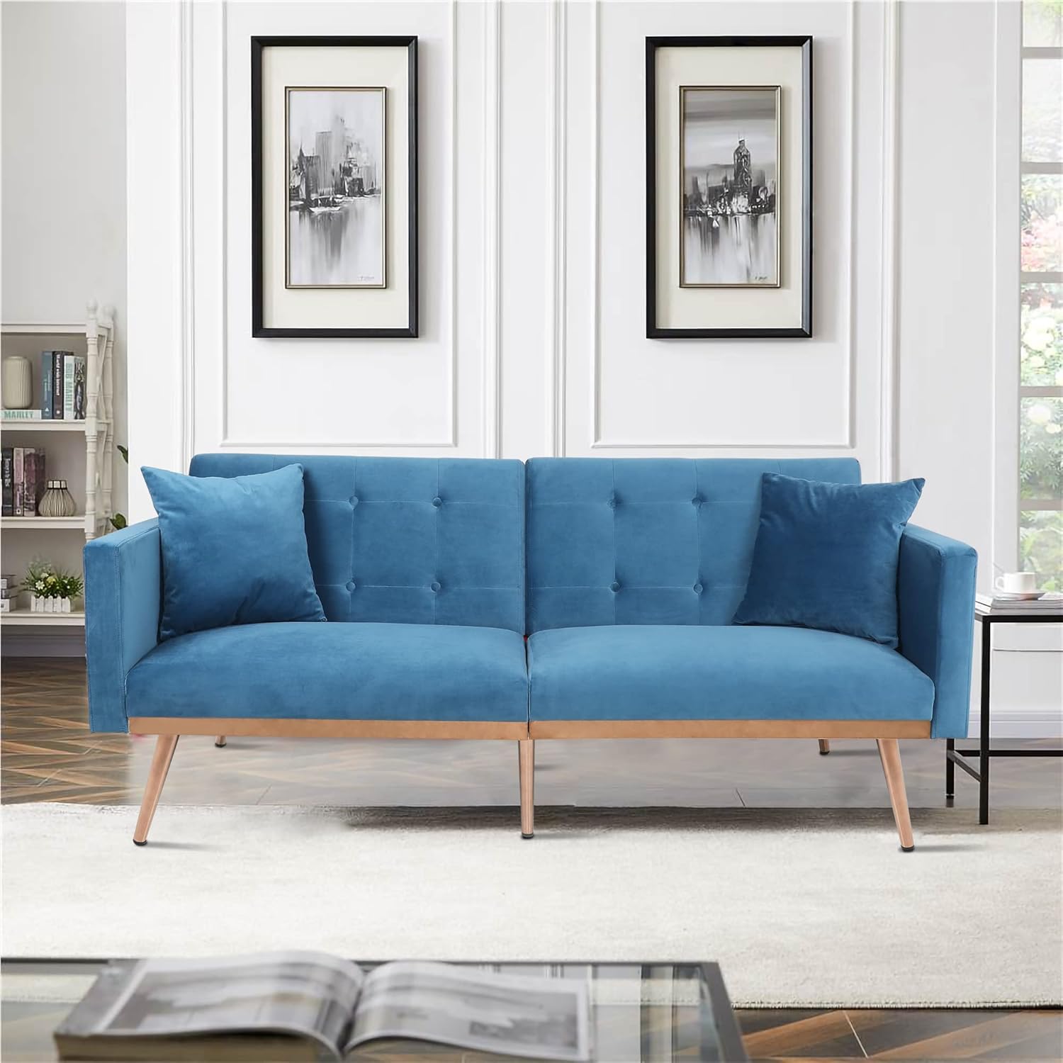Wirrytor 70" Velvet Futon Sofa Bed with Golden Metal Legs
