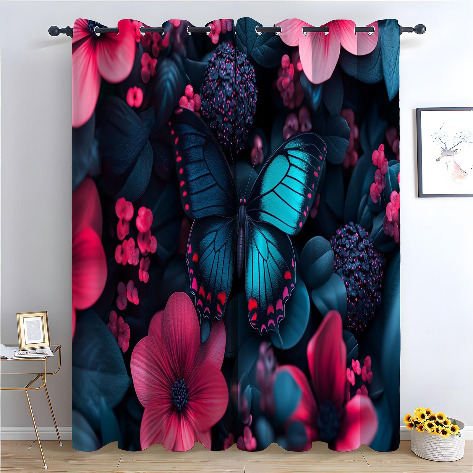 TERUEA Forest Curtains Glossy teal black butterfly pink floral dark foliage Thermal Insulated Blackout Curtains Darkening Window Drapes for Bedroom Living Room-52 W x 84" L (Pack of 2)