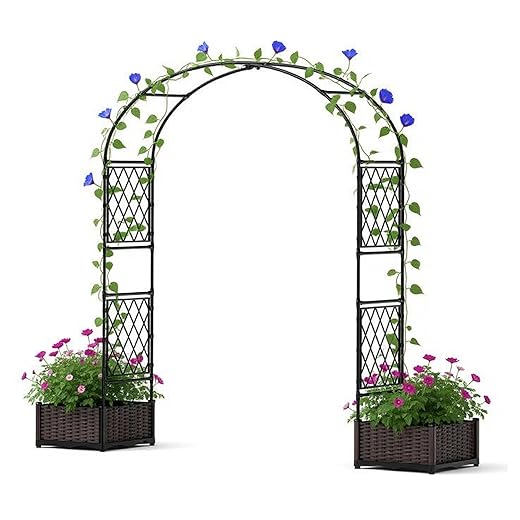 90.5" Garden Arbor with 2 Planter Boxes, PE Coated Metal Garden Arch Trellis for Climbing Plants, Decorative Archway Wedding Arch Frame, Weather-Resistant Arbor Trellis for Lawn Backyard Yard