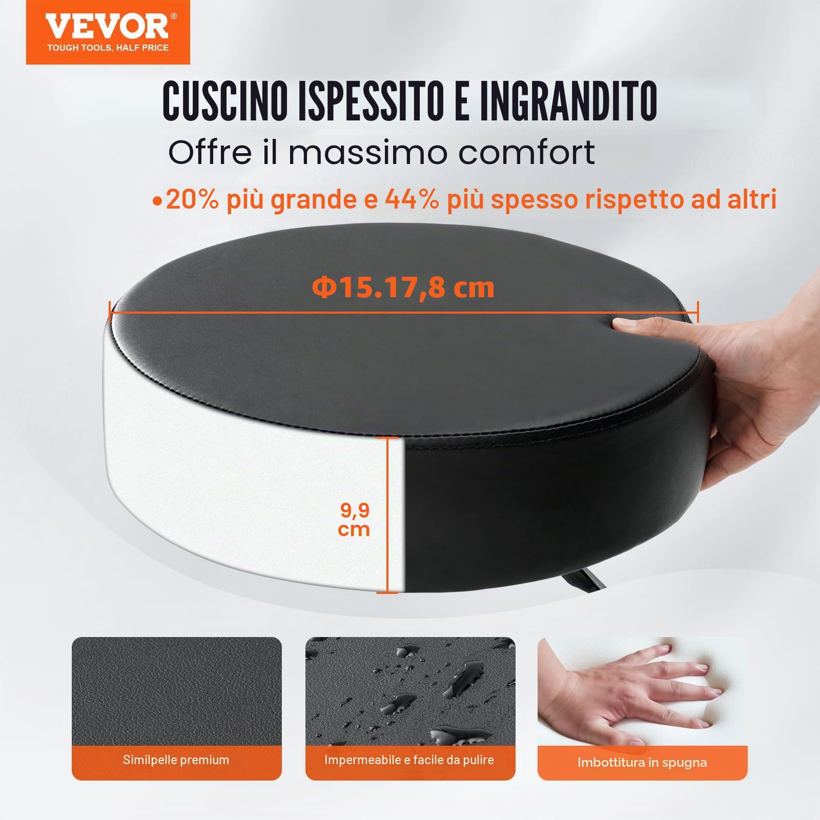VEVOR Sgabello Rotondo Altezza Regolabile 460-605 mm Senza Schiena Capacità Carico Max. 181kg per Ufficio Salone Studio Parruccheria, Sedia a Rotella da Lavoro Girevole 500 x 500 x 460 mm per Ufficio