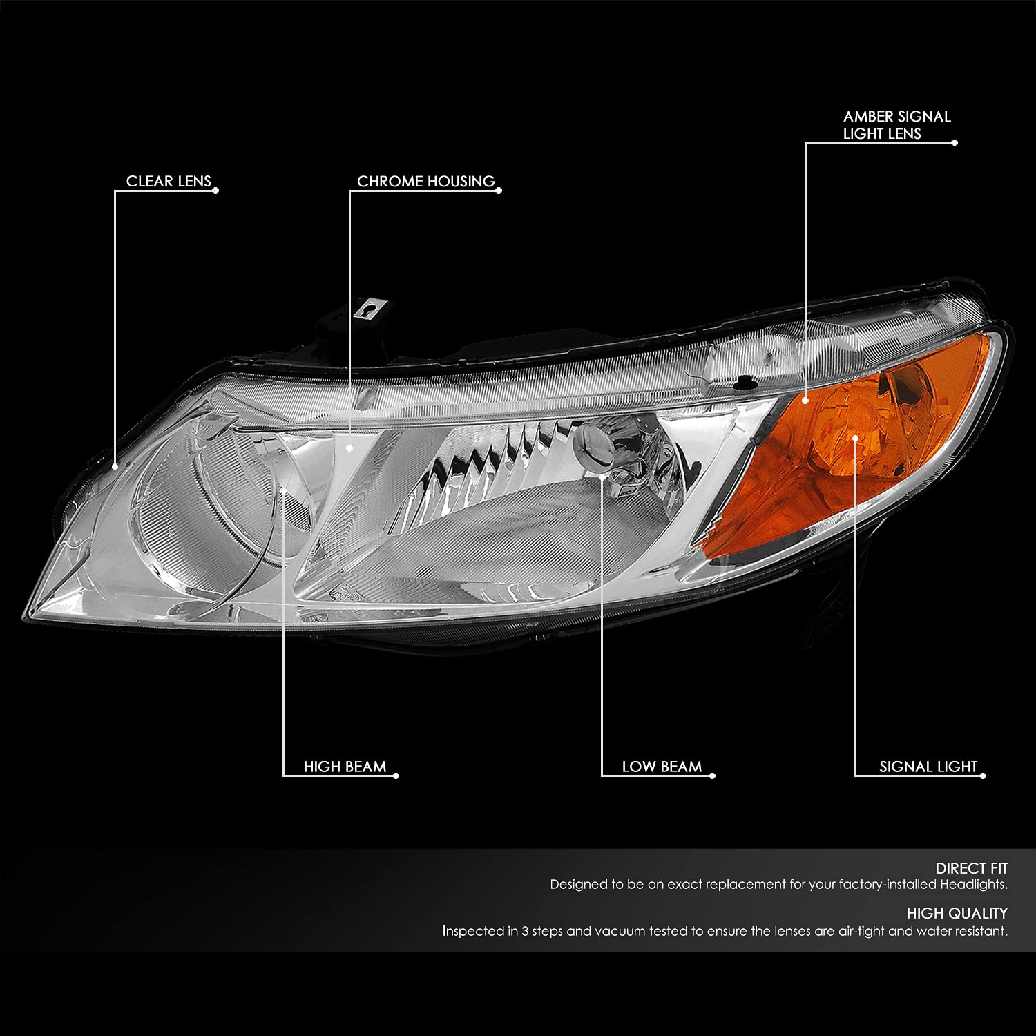 Auto Dynasty Headlights Assembly Compatible with 2006-2011 Honda Civic 4-Door Sedan, Driver and Passenger Side Halogen Headlamps Replacement, HO2502125 HO2503125, Chrome Housing Amber Corner