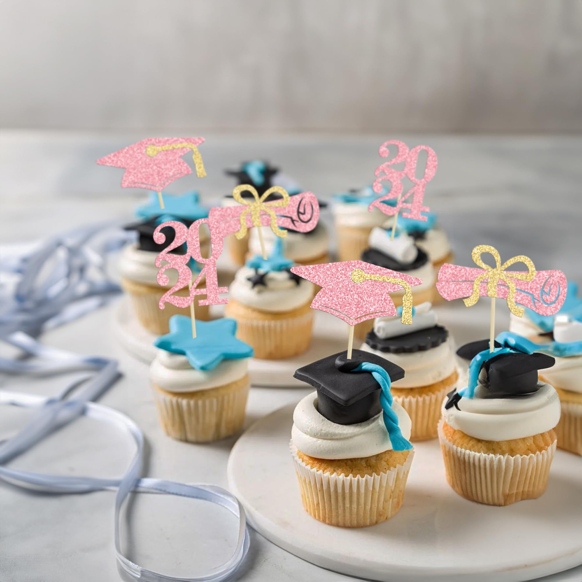 Ephlyn 24Pcs Graduation Cupcake Toppers Glitter Graduation 2026 Diploma Grad Cap Cake Topper Decorations for 2026 Theme Party Cake Decoration Supplies Pink Gold - Image 4