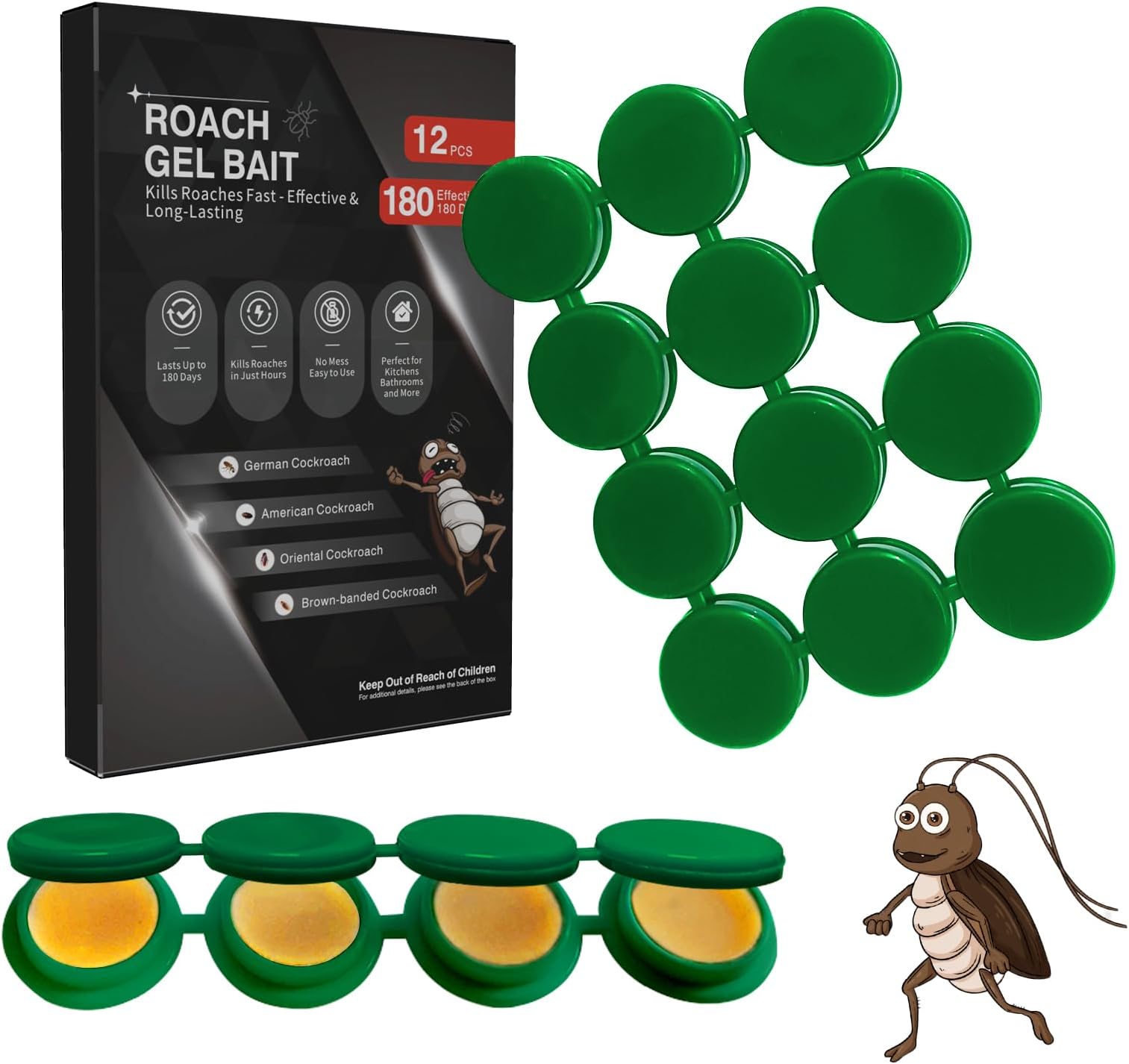 12 Pack Cockroach Gel Bait, Highly Effective Roach Gel Bait Indoor Infestation Solution, Fast Acting Cockroach Killer Indoor Home Kitchen Use, Easy to Apply & No Mess Roach Bait, Long-Lasting