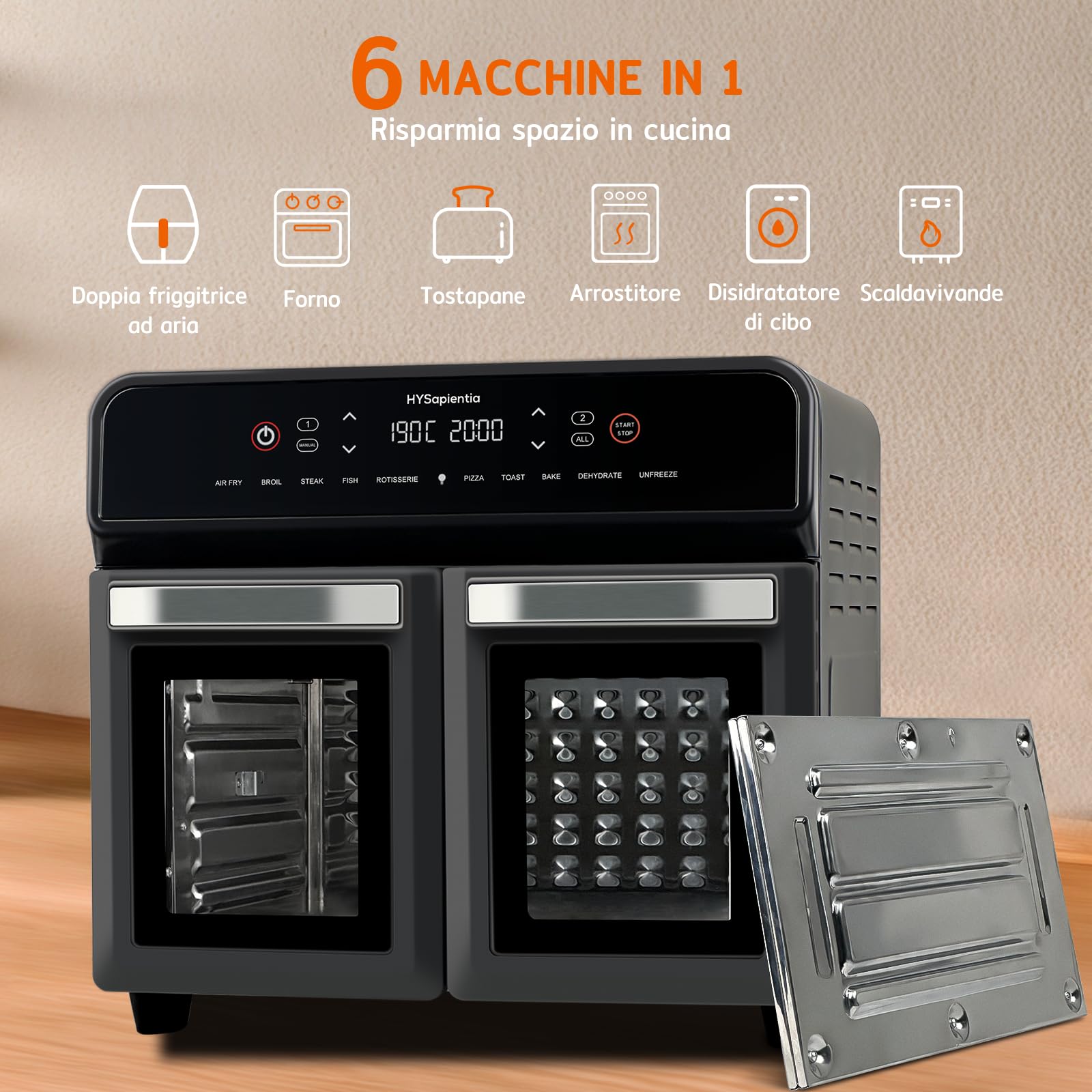 HYSapientia 22 Litri Forno Friggitrice Ad Aria doppio cestello Calda，2400W friggitrice aria 2 cestelliin in acciaio inossidabile,10 Funzioni,Doppia Temperatura,Suddividere in due campate，Girarrosto
