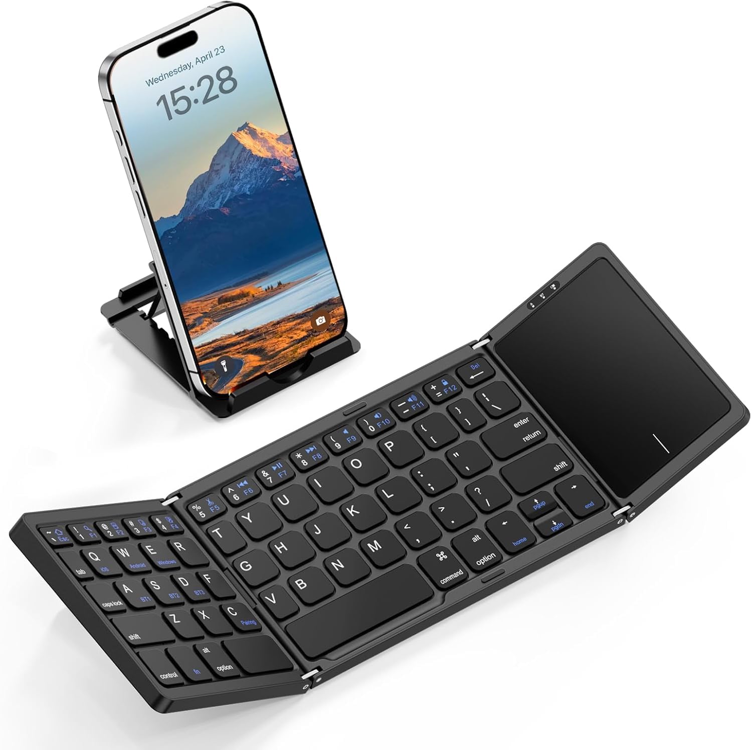 Foldable Wireless Keyboard with Trackpad, BT 5.1 Rechargeable Multi-Device Mini Keyboard for iOS/Android/Windows, Upgraded Version for Tablet Laptop and PC – Black