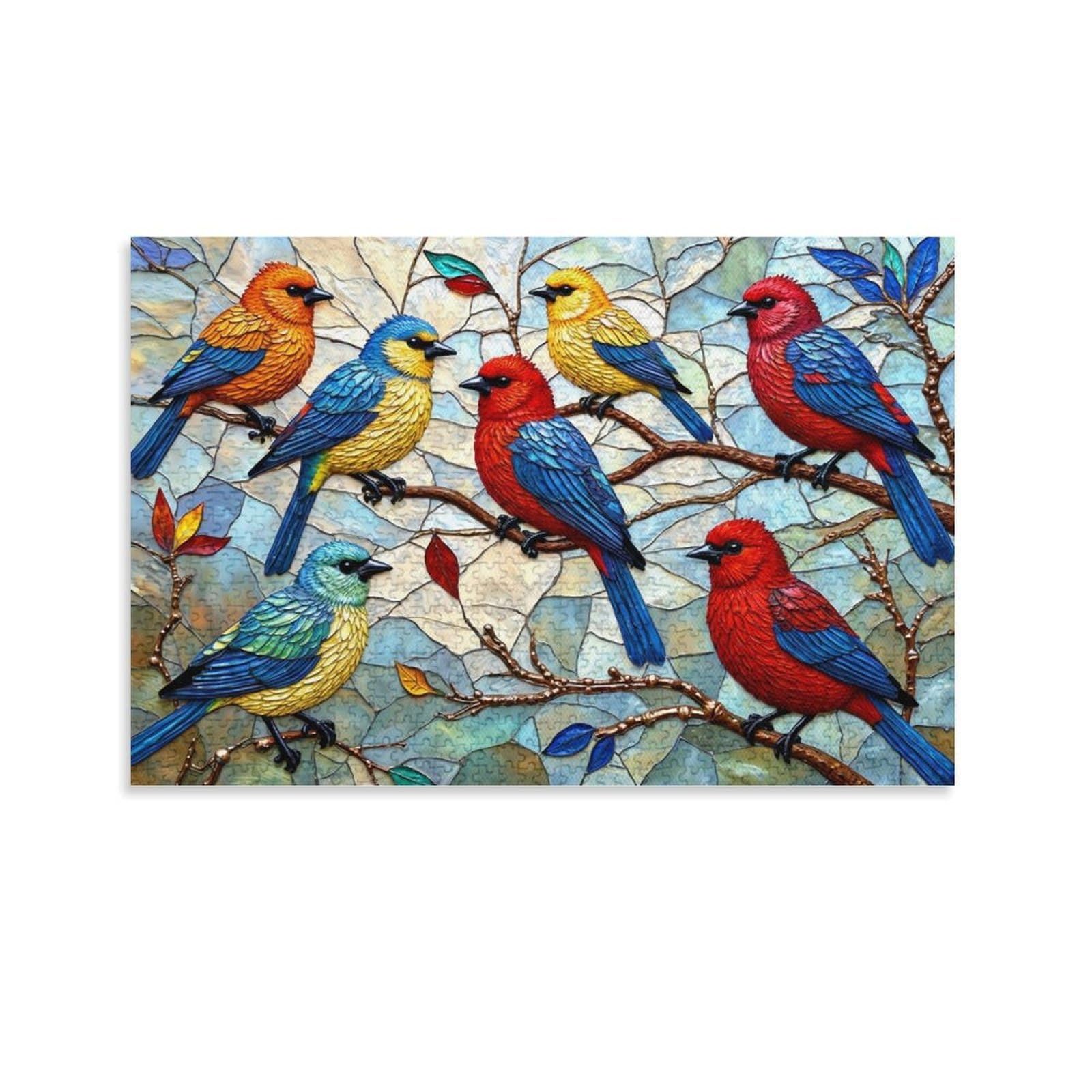 CPLVKWRQJ Stained Glass Birds Single Stained Glass Colorful Birds on Branch Canvas Wall Art - Housewarming Gift Living Room Focal Point Ready to Hang Decor 20x30inch(50x75cm)