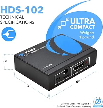 OREI HDMI Splitter 1 in 2 out - Ultra HD 4K @ 30Hz, HDCP, 3D & Full HD 1080P Support for Xbox, PS4, Blu-ray, HDTV - Adapter Included | OREI HDMI Splitter 1 in 2 out - UltraHD 4K@30Hz, HDCP, 3D & Full HD 1080P Support for Xbox, PS4, Blu-ray - Adapter Included